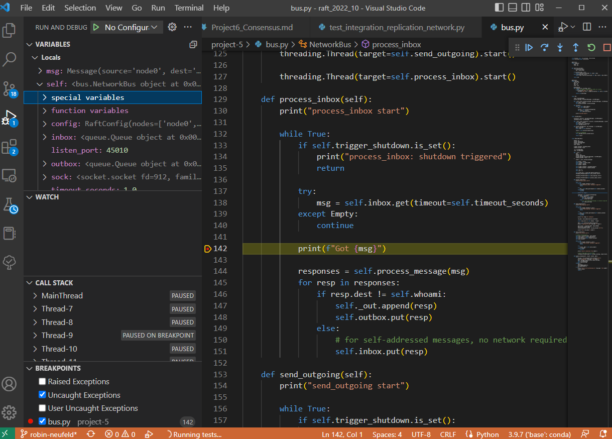 Screenshot of VS Code debugger showing threads being paused after a breakpoint is hit